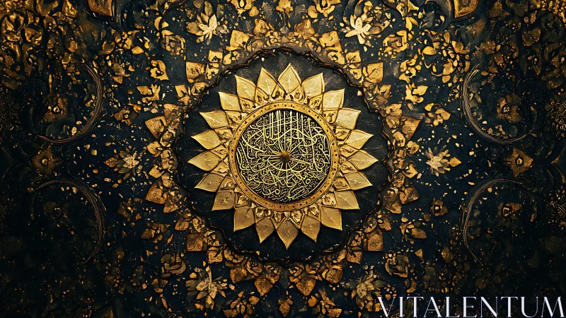 Ornate circular Islamic calligraphy in gold relief detail.