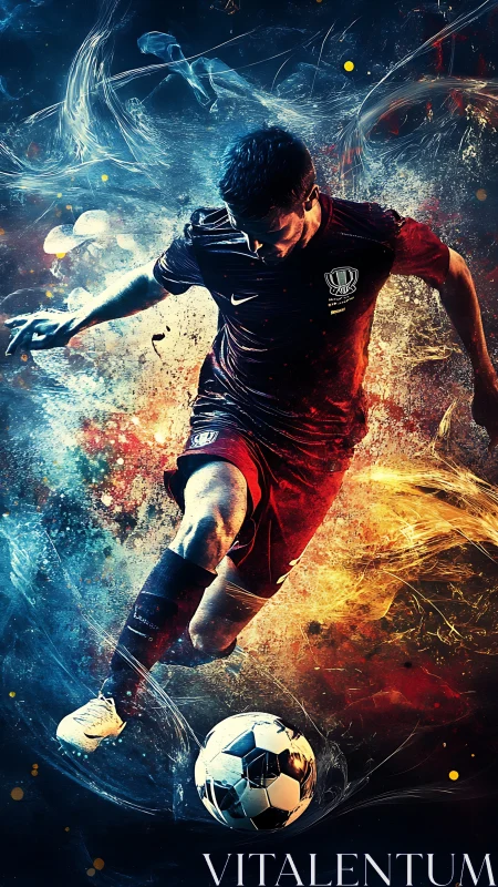 Dynamic soccer player bursting through swirling color energy.