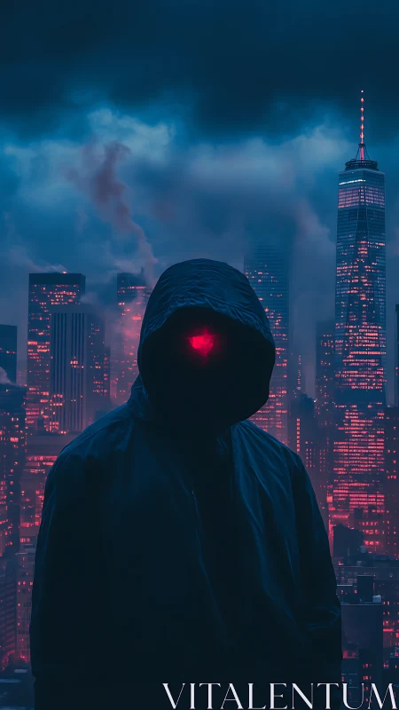 Hooded cyber figure before neon city skyline at night.