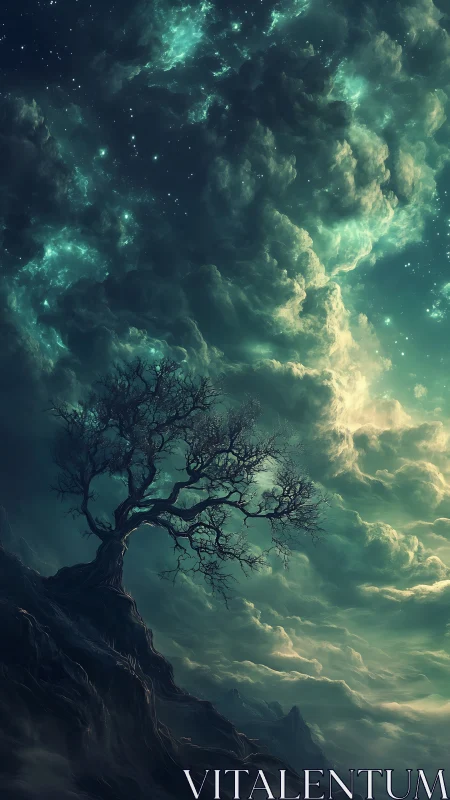 Lonely cliffside tree watching a storm of emerald stars.