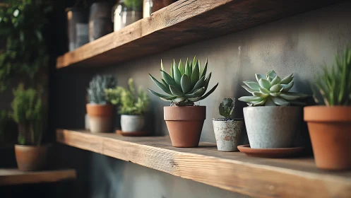Succulent collection on rustic wooden floating shelves in studio.