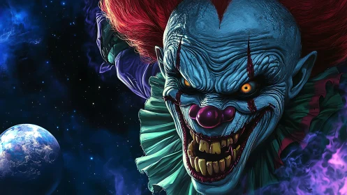 Sinister blue clown portrait in outer space setting.