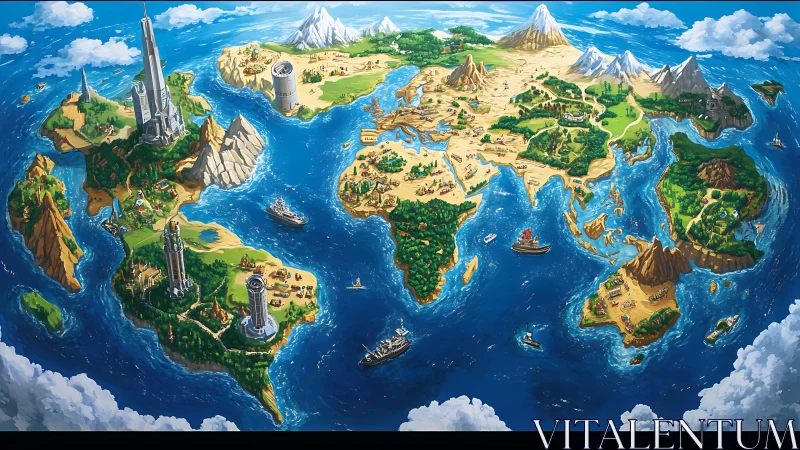 Whimsical fantasy world map brimming with seas and citadels.