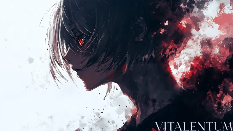 Side profile of red eyed character dissolving into dark mist