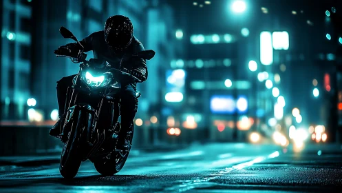 Motorcyclist cuts through neon soaked city street at night.