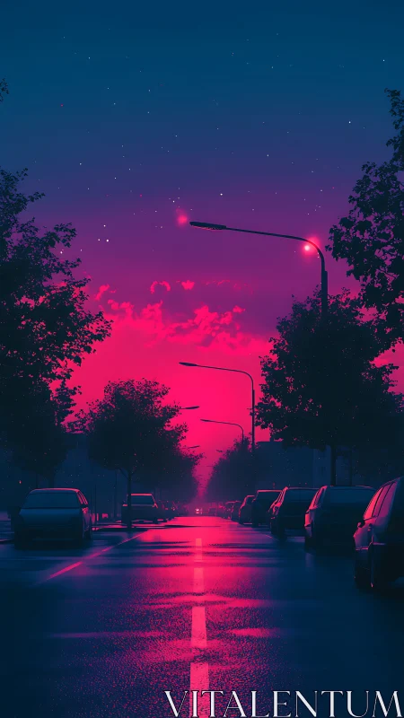 Neon-saturated urban roadway under magenta atmospheric dusk.