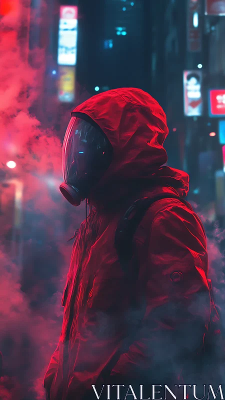 Hooded wanderer in neon misted city night streets.