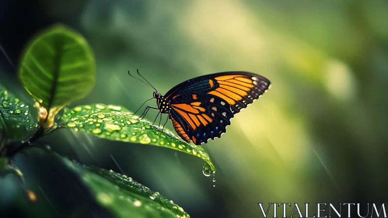 Butterfly on rain soaked leaf in soft green background.