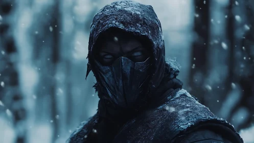 Masked ice warrior stalks through frozen shadowed forest.