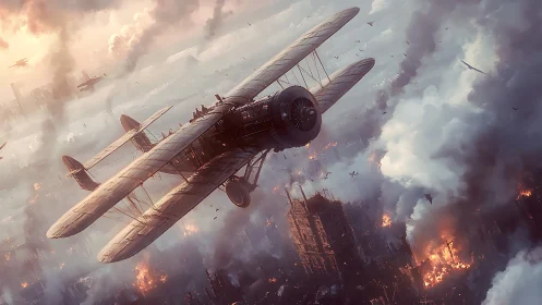 Warplane biplane dives over burning cityscape in dense battle haze