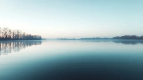 Mist-drifted lake horizon cradles winter trees in silence.