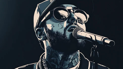 Vector portrait of tattooed singer in cap with stage microphone