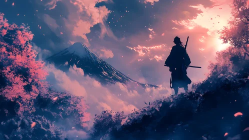 Samurai watches a blossom-storm sky ignite over the peak