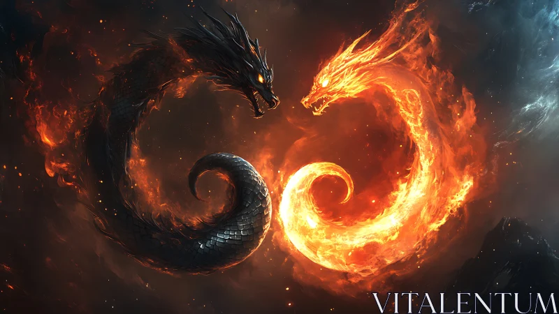 Twin elemental dragons swirling in a fiery cosmic dance.