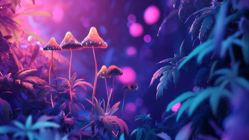 Digital forest scene depicts luminous mushrooms and foliage