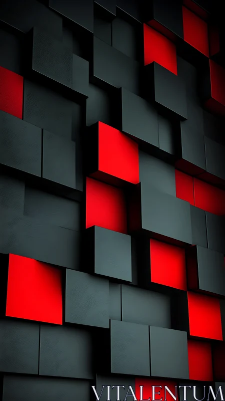 Geometric 3D wall of black and red cubes in perspective.