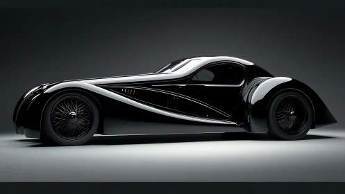 Sleek black vintage coupe glows under dramatic studio lighting