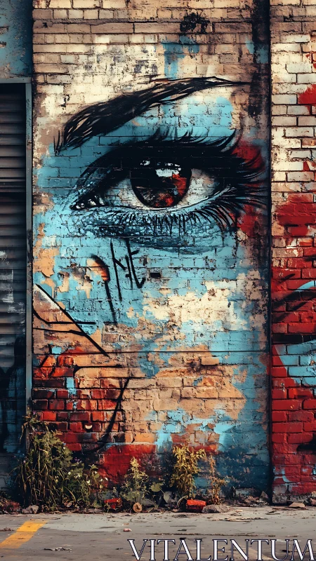 Expressive urban eye mural painted on weathered brick wall.