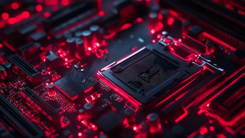 Neon circuitry hums while a lone CPU socket crowns the board