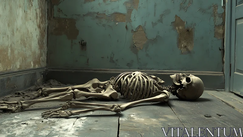 Forensic skeletal remains in decayed interior architectural setting.