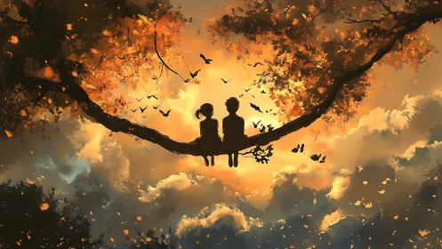 Two figures silhouetted on tree branch beneath golden sky.
