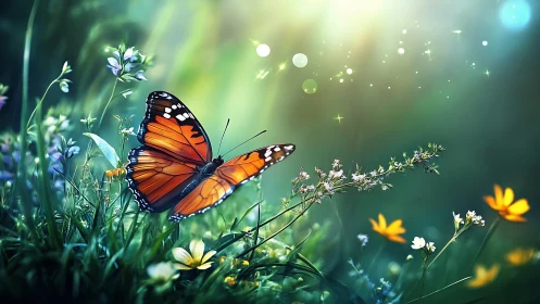 Sunlit monarch drifts through a glittering wildflower dreamscape.