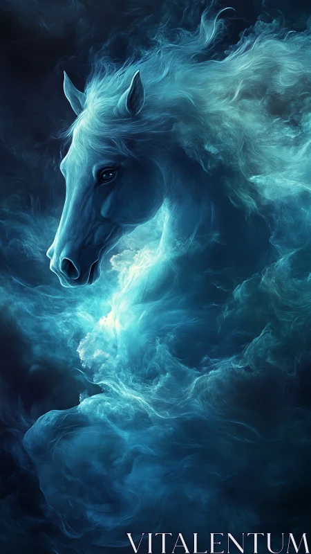 Ethereal blue spirit horse emerging from swirling mist.