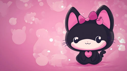 Sweet black kitten with pink bow in a dreamy bubble world.