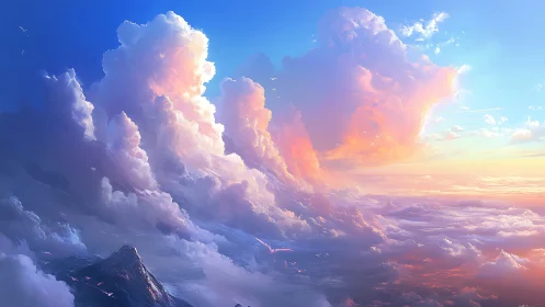 Dreamy pastel clouds glowing above a sunlit sky sea.