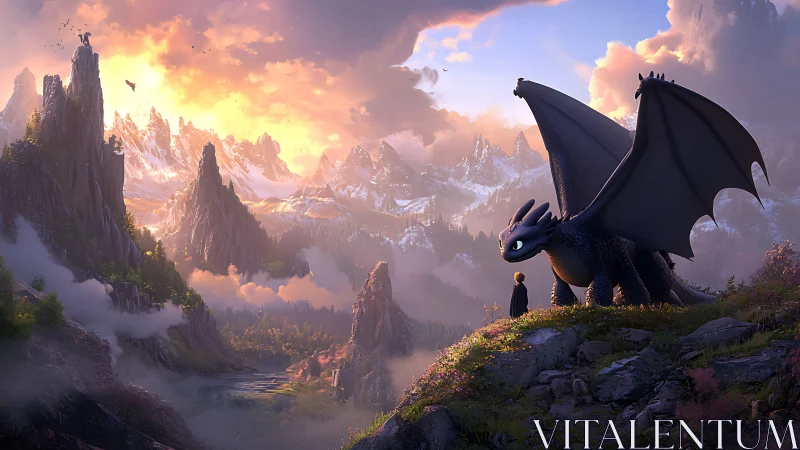 Dragon and rider survey luminous alpine valley at sunrise