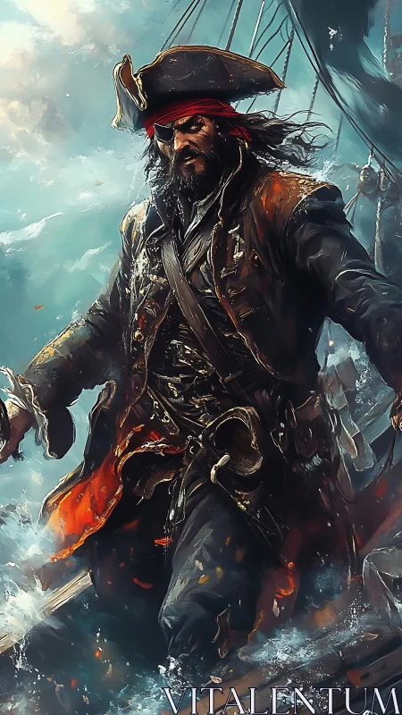 Storm‑scarred pirate strides through raging sea spray. Period.