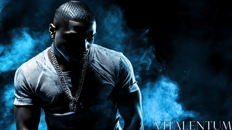 Moody portrait of muscular man in blue smoke and shadow.