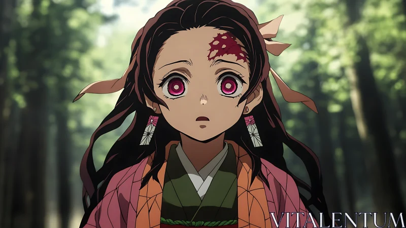 Anime girl with pink eyes and forehead wound in forest clearing