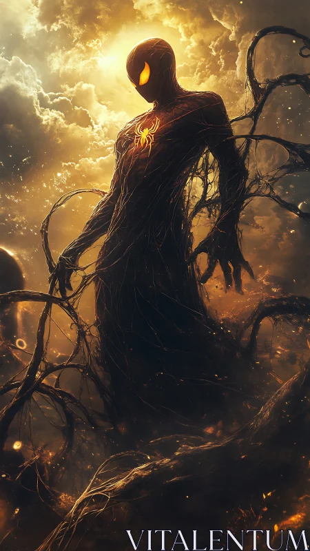 Dark cosmic hero emerges in molten golden storm of light.