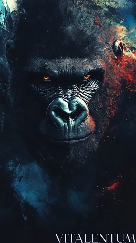 Primal gorilla portrait in high-contrast teal and ember hues.