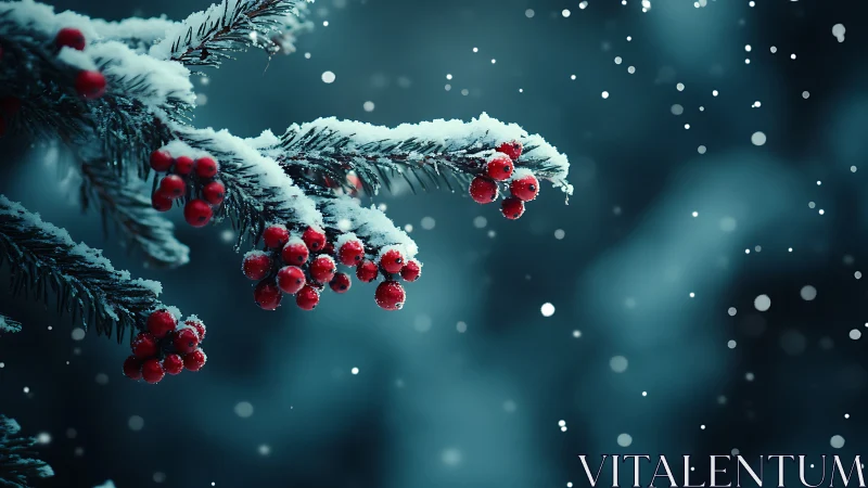 Snow covered evergreen branch holds bright red winter berries