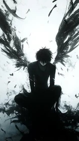 Fallen inkwing angel brooding in a storm of shattered feathers.