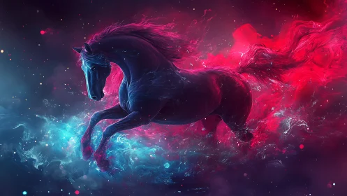 Celestial neon horse surges through swirling cosmic light