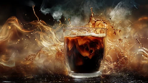 Dynamic Cola Splash in Glass with Golden Light