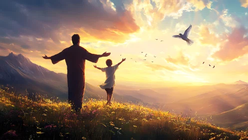 Sunrise fields teach two souls how to borrow the sky