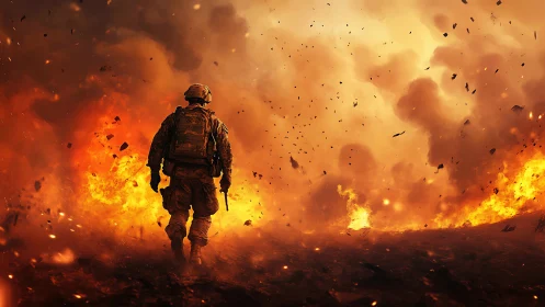 Soldier advances through inferno of explosions.