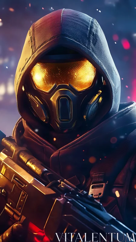 Armored sci‑fi soldier grips rifle in neon battlefield glow.