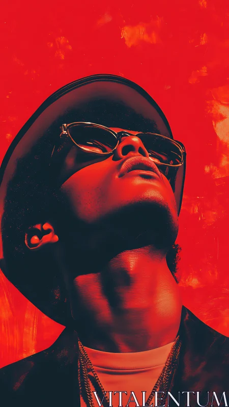 Stylized portrait in red of person wearing hat and sunglasses.