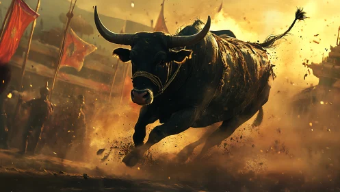 Charging bull races through golden dust and blazing sunlight.
