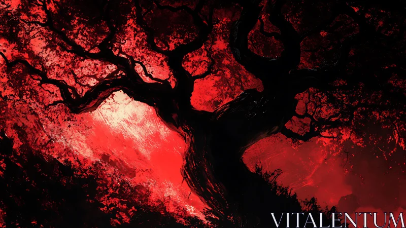 Crimson sky wraps a twisted tree in bold, haunting light