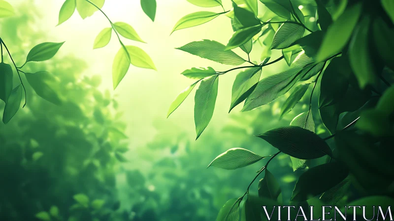 Sunlit Green Leaves Close-Up in Dreamy Nature Scene, Soft Focus.