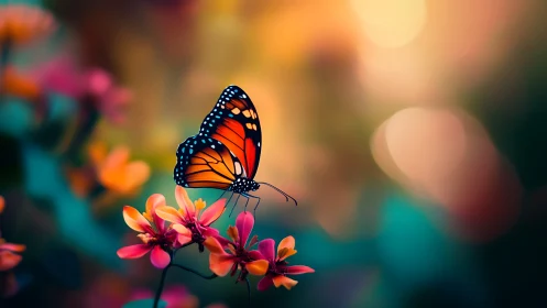 Shallow-depth macro study of monarch butterfly on vivid florals