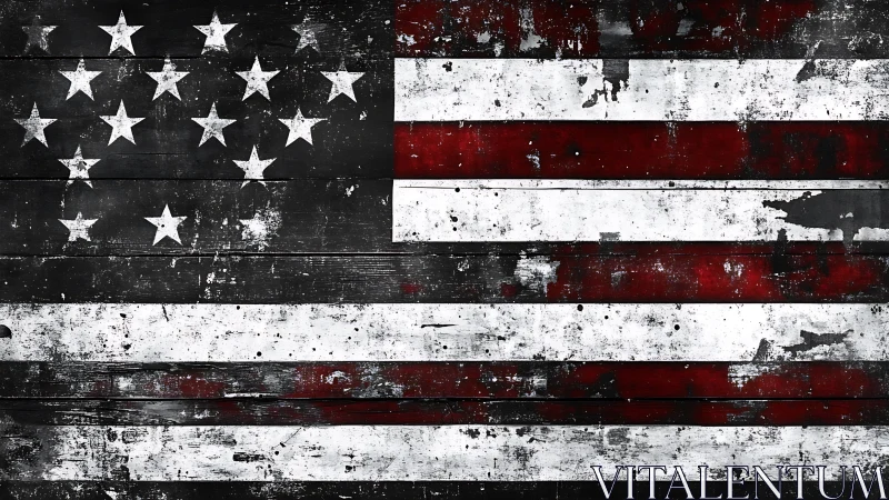 Weathered American flag grunge on scarred wooden planks.