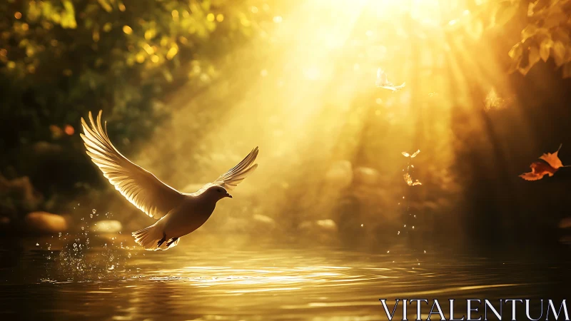 Tranquil dove in golden sunlight over water, nature photography.