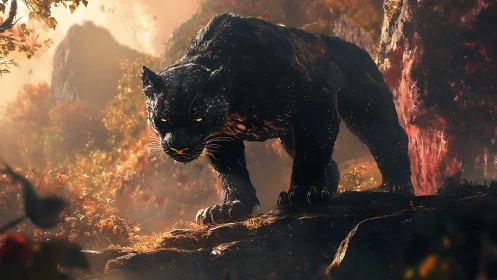 Black Panther Prowling Through Molten Mountain Cavern.